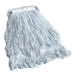 A blue Carlisle wet mop with white fringe.