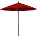 A close-up of a red California Umbrella on a white background.