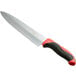 A Dexter-Russell chef knife with a red handle.