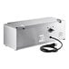 A stainless steel triple cone dip warmer with a hinged lid and attached power cord.