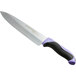 A Dexter-Russell chef knife with a black blade and purple handle.