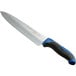 A Dexter-Russell chef knife with a blue handle and black blade.