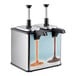 A dual-compartment stainless steel topping warmer with two pump dispensers for caramel and hot fudge.
