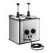 A stainless steel twin topping warmer with two pump dispensers and adjustable temperature controls.