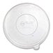 A clear round plastic lid made from 100% recycled content, designed to fit 16-46 oz. containers.