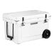 A white CaterGator outdoor cooler with black wheels.