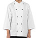 A person wearing a Uncommon Chef white 3/4 sleeve chef coat with buttons and a collar.
