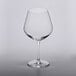 A close-up of a clear Lucaris Temptation wine glass.