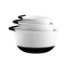 A stack of white OXO mixing bowls with black non-slip bases.