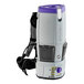 A grey and purple ProTeam cordless backpack vacuum with a purple and white handle.
