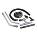 A ProTeam cordless backpack vacuum with various attachments including a purple and blue vacuum cleaner attachment.
