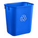 A blue rectangular recycling wastebasket with a recycling symbol on it.