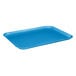 A sky blue rectangular fiberglass cafeteria tray.