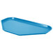 A sky blue trapezoid fiberglass cafeteria tray.