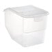 An Araven clear polypropylene ingredient bin with a lid.