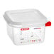 An Araven translucent plastic food pan with a lid.