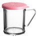 A Carlisle glass shaker with a pink lid.