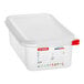A translucent Araven plastic food pan with an airtight lid.