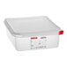 An Araven translucent polypropylene food pan with a red lid.