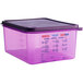 An Araven purple plastic food pan with airtight black lid.