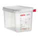 A translucent plastic Araven food pan with airtight lid.