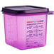 An Araven purple plastic food pan with a black lid.