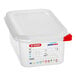 An Araven translucent plastic food pan with an airtight lid.