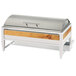A white and wood Cal-Mil Monterey chafing dish with a silver metal handle.