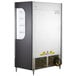 A Beverage-Air VueMax black air curtain merchandiser with a glass door open.