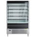 A Beverage-Air VueMax black air curtain merchandiser with glass shelves.