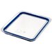 A clear rectangular Araven plastic food pan lid with blue trim.