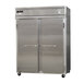A Continental Refrigerator dual temperature reach-in refrigerator/freezer with sliding doors.
