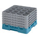 A teal and gray plastic glass rack with 16 compartments and five extenders.