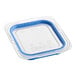 A clear Araven polypropylene lid for a 1/6 size food pan with blue trim.
