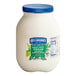 A 1-gallon container of Hellmann's heavy duty vegan mayonnaise spread with a blue lid.