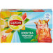 A white and yellow box of Lipton Tropical Black Iced Tea Filter Bags with a glass of iced tea with fruit in the background.