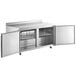 An Avantco stainless steel worktop refrigerator with two doors open.