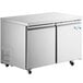 Two Avantco stainless steel undercounter refrigerators on wheels.