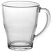a clear glass cup with a handle