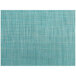 A teal woven vinyl placemat with blue lines in a mesh pattern.