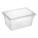 A clear polycarbonate food storage box measuring 18 inches by 12 inches by 9 inches.