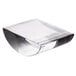 A clear glass object with a black edge on a white surface.