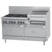 A large stainless steel Garland commercial gas range with six burners, a griddle, and broiler.