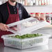 A person holding a Vigor clear plastic container with a flat lid over a container of green leaves.