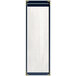 A rectangular blue vinyl menu cover with gold corners and stitching.