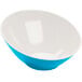 A white slanted melamine bowl with a blue rim.