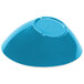 A blue slanted melamine bowl with a logo on it.