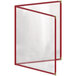 A red plastic menu cover with a gold frame and corners.