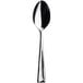 A close-up of a Sola stainless steel dessert spoon with a black handle.