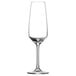 A case of 6 clear Schott Zwiesel flute wine glasses with long stems on a white background.